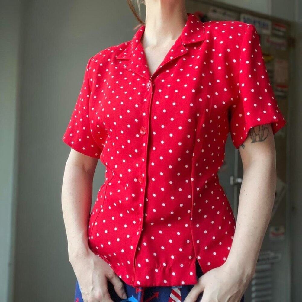 Vintage 90s Red Polka Dot Blouse | Tie Back Button Up Top | Size L